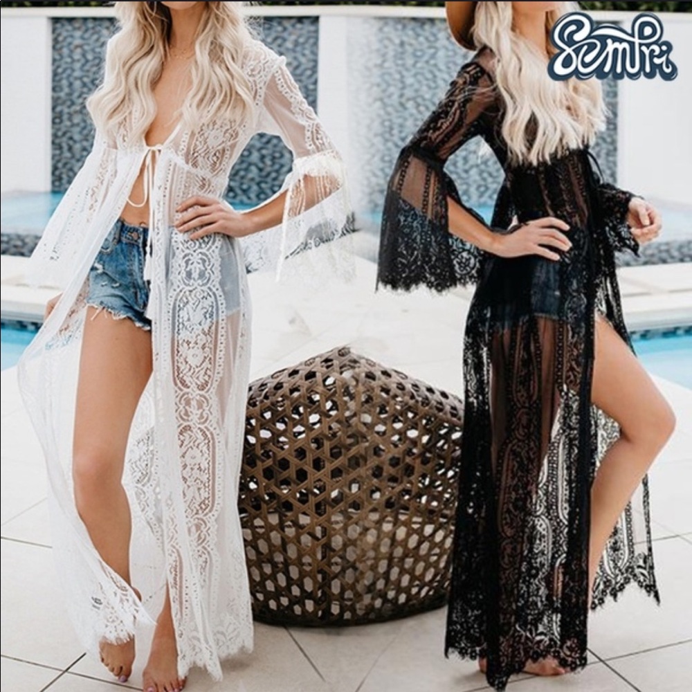 Black or white sheer lace bikini cover up, maxi dress